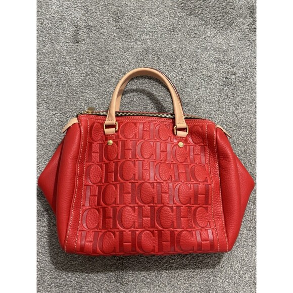 Carolina Herrera Red Monogram Embossed Leather Andy 7 Bag